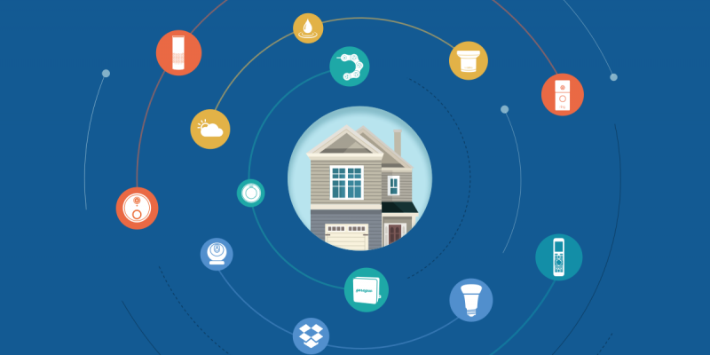 An illustration of a house in the middle with elements of electricity surrounding the house in a constellation pattern