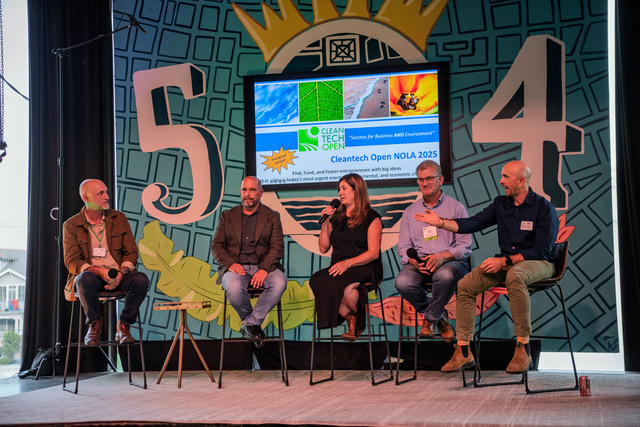 GCxN_Cleantech-Open_Channel-Partner-Award At an event, five people sit on stools during a panel discussion.