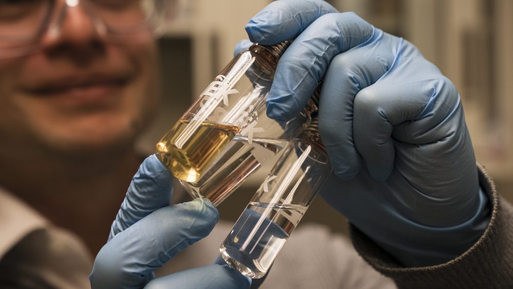 A person wearing blue gloves holds glass test tubes containing liquid samples.